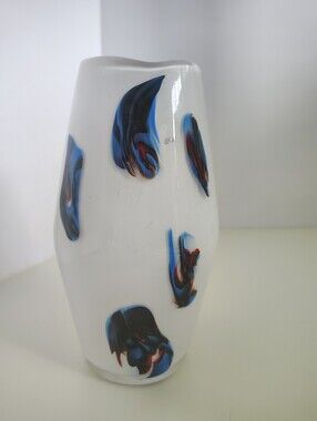 Vintage 1970s Italian Opaline Glass Vase Hand Blown White Blue Macchie Splashes